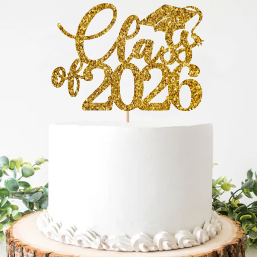 Gold Glittering Grad Class of 2026 Cake Pick Topper